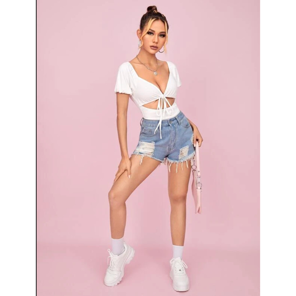 White puff sleeve tire front cut out Bodysuit NWOT